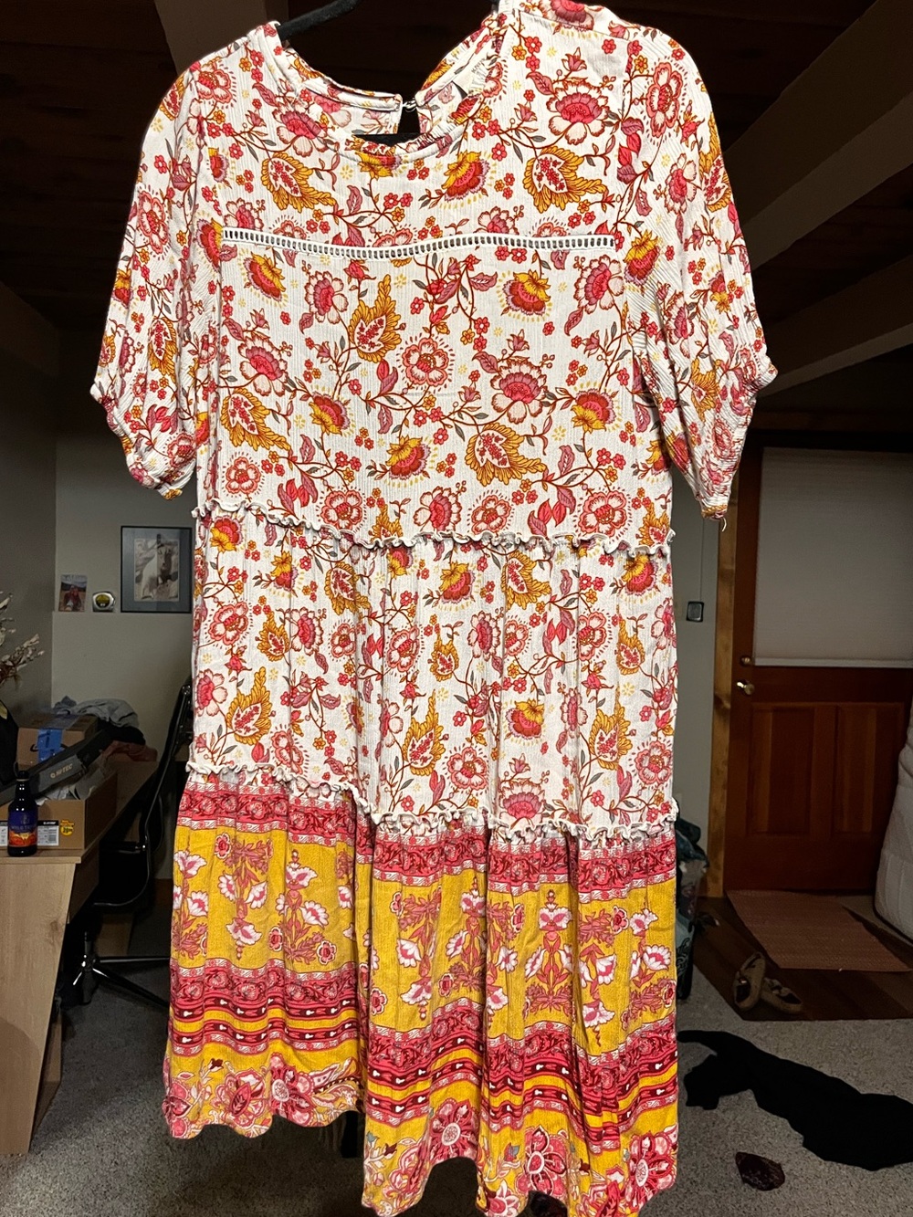 Knox Rose White Floral Tiered Midi Dress with Pink & Yellow Print